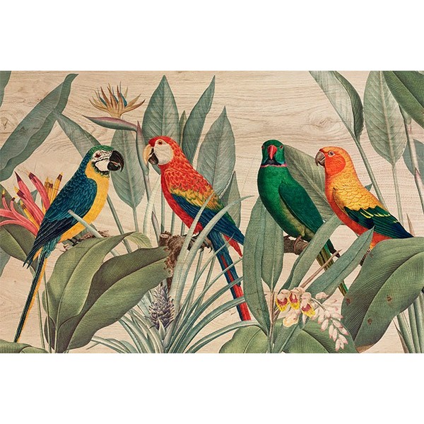 Graphic Wood Art Tropical Parrots