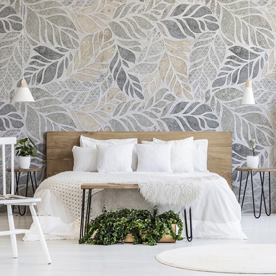 ambientazione camera da letto prodotto fotomurale leaves pattern