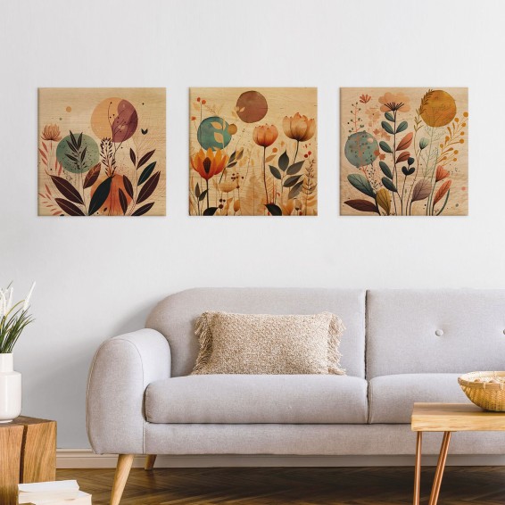 Ambientazione a trittico Wood Art Foliage Wildflowers